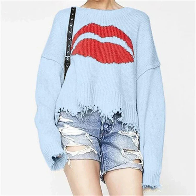 R&B | Sweatshirt Übergröße Passform Chunky Strick Lippenprint Fransen Saum