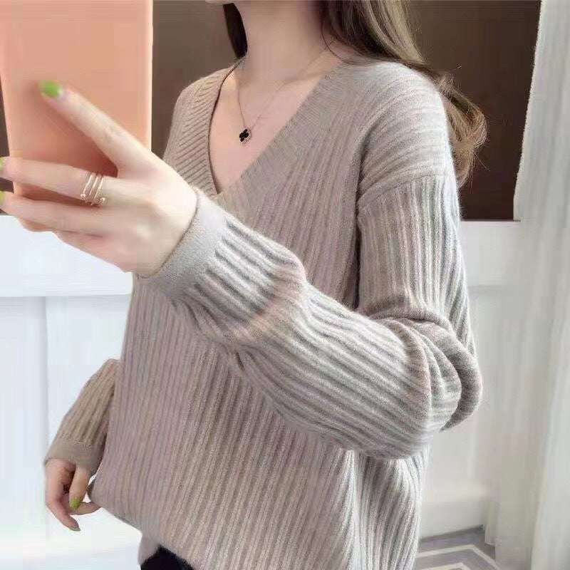 Damen V-Ausschnitt Strickpullover mit feiner Rippstruktur und lässigem Schnitt R&B