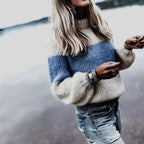 Damen lässiger Strickpullover mit Stehkragen und modernen Streifen R&B