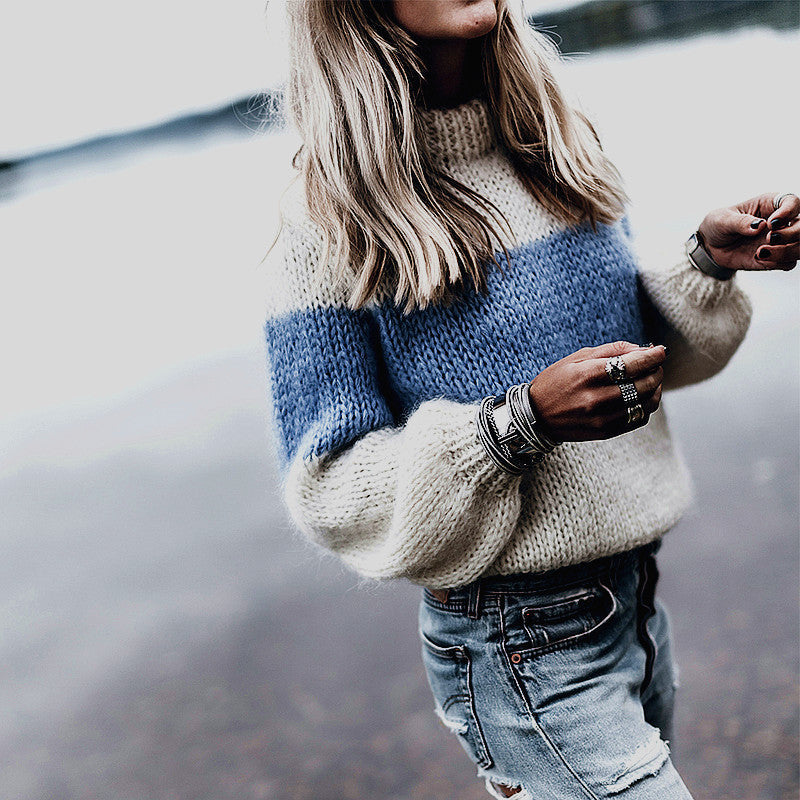 Damen lässiger Strickpullover mit Stehkragen und modernen Streifen R&B
