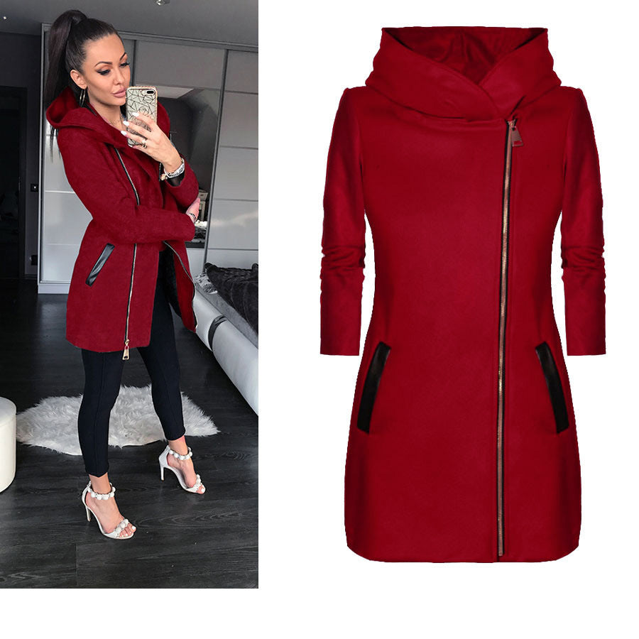 Damen modischer Kapuzenmantel mit asymmetrischem Reißverschluss und praktischen Taschen R&B