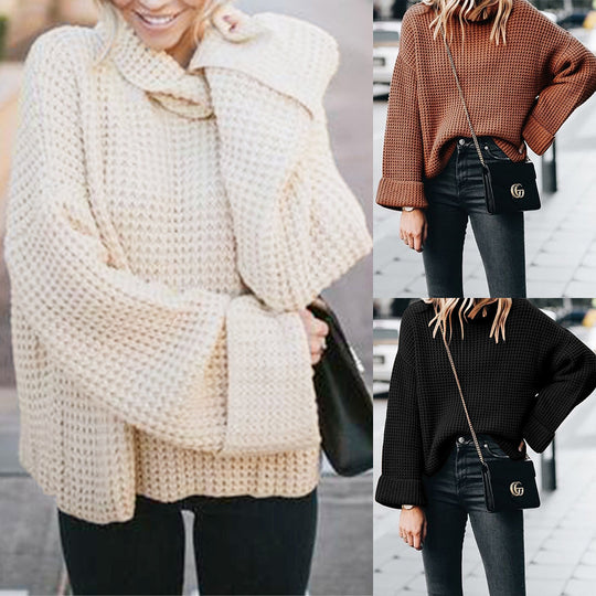 Damen modischer Grobstrickpullover mit hohem Kragen und voluminösen Ärmeln R&B