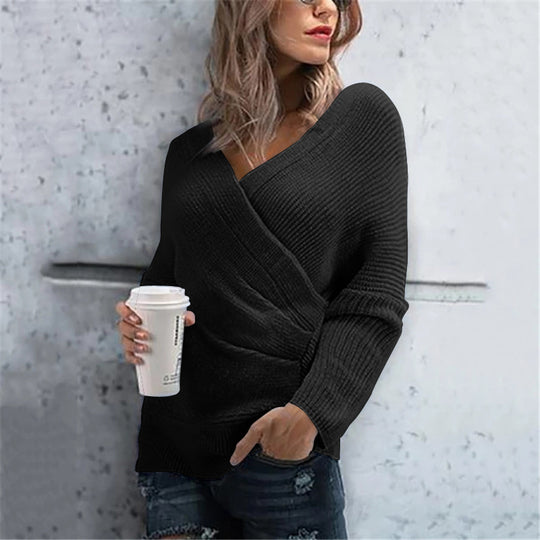 Damen lässiger Wickelpullover mit V-Ausschnitt und strukturierter Maschenoptik R&B
