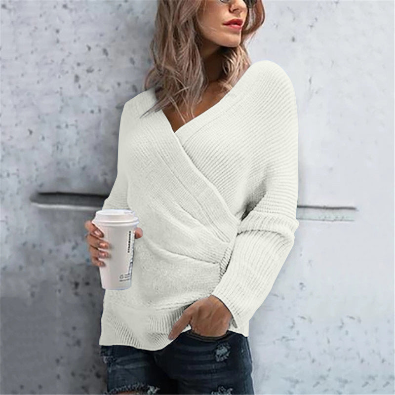 Damen lässiger Wickelpullover mit V-Ausschnitt und strukturierter Maschenoptik R&B