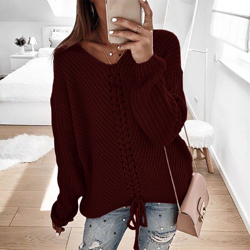 Damen lässiger Strickpullover mit modischem Schnürdetail R&B