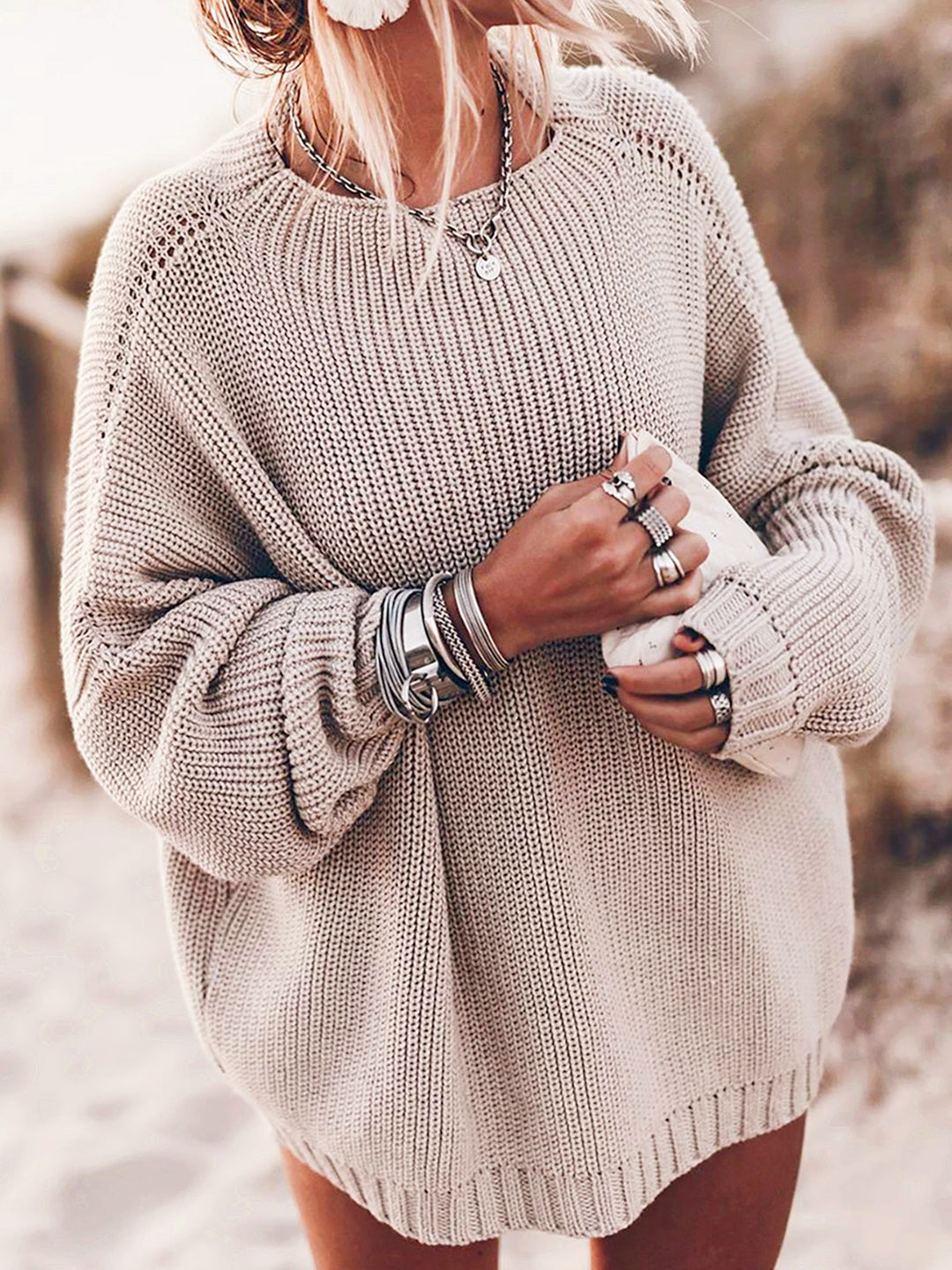 Damen Oversized Strickpullover mit luftigen Maschen und Seitenschlitzen R&B