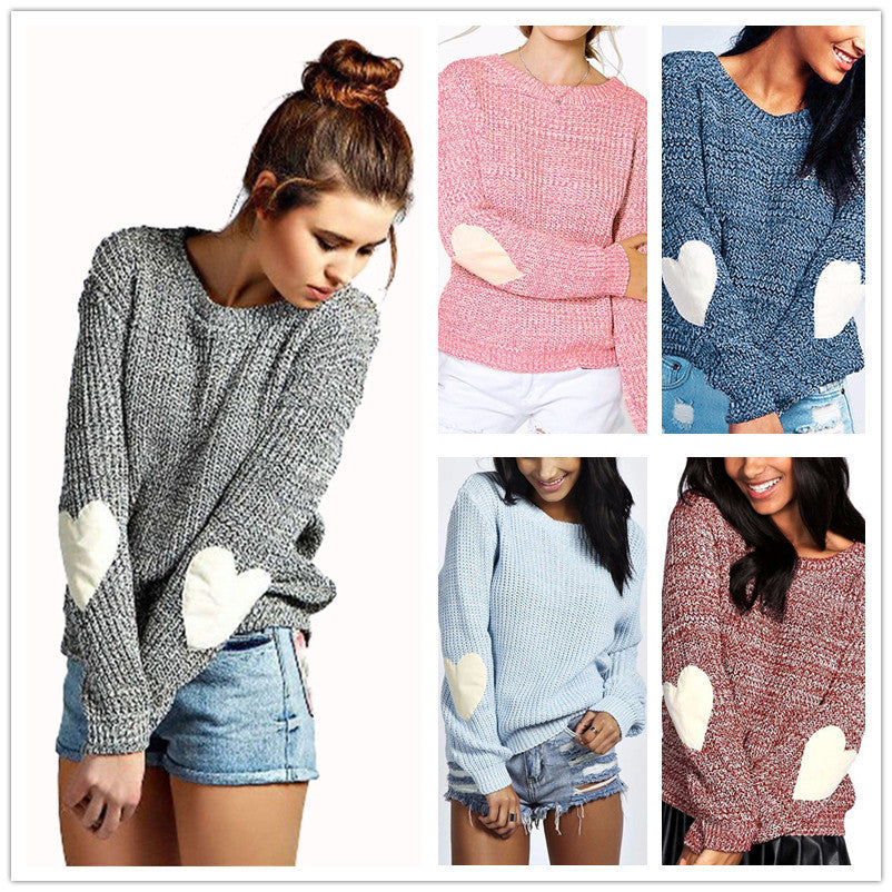 Damen Strickpullover mit Herzapplikationen an den Ärmeln