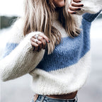 Damen lässiger Strickpullover mit Stehkragen und modernen Streifen R&B