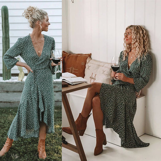 Damen Wickelkleid mit fließendem Rock und V-Ausschnitt R&B