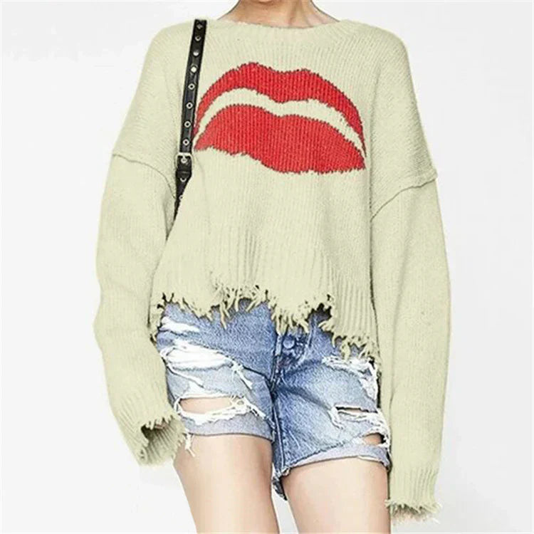 R&B | Sweatshirt Übergröße Passform Chunky Strick Lippenprint Fransen Saum