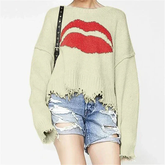 R&B | Sweatshirt Übergröße Passform Chunky Strick Lippenprint Fransen Saum
