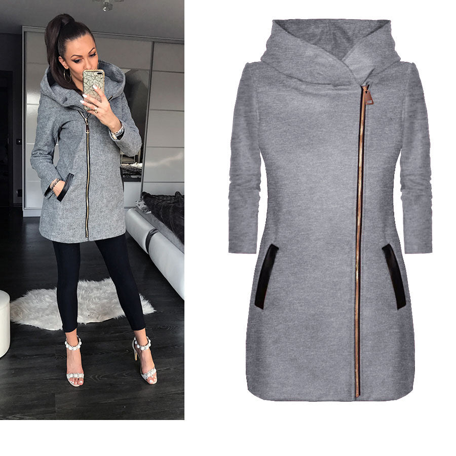 Damen modischer Kapuzenmantel mit asymmetrischem Reißverschluss und praktischen Taschen R&B
