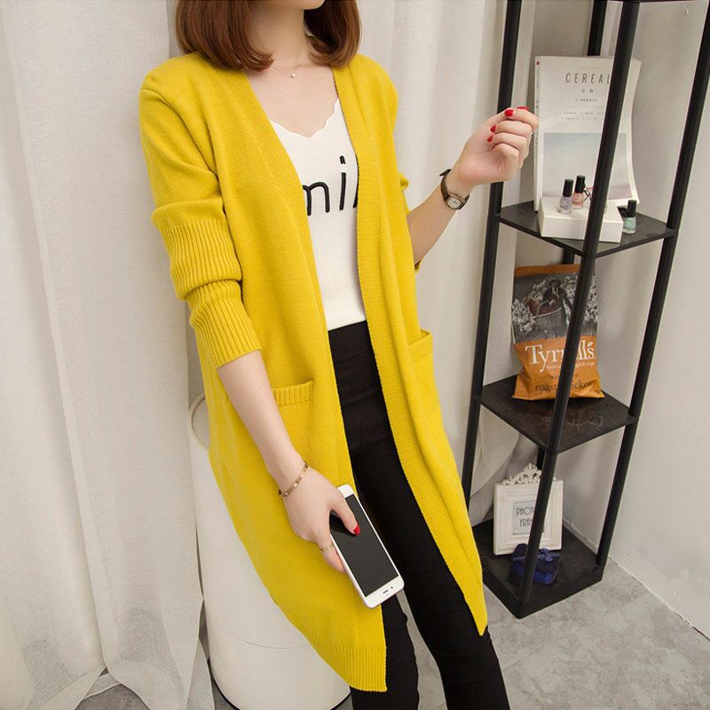 Damen Langer Strickcardigan mit offenen Vorderteilen und tiefen Taschen R&B