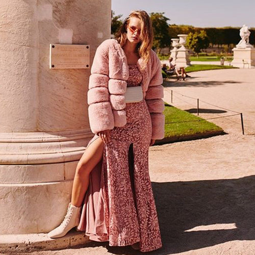 Damen Modische Kunstfelljacke mit voluminösen Puffärmeln und nahe des Halses schließendem Design R&B