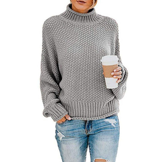 Damen Grobstrickpullover mit hohen Kragen und lockerem Design R&B