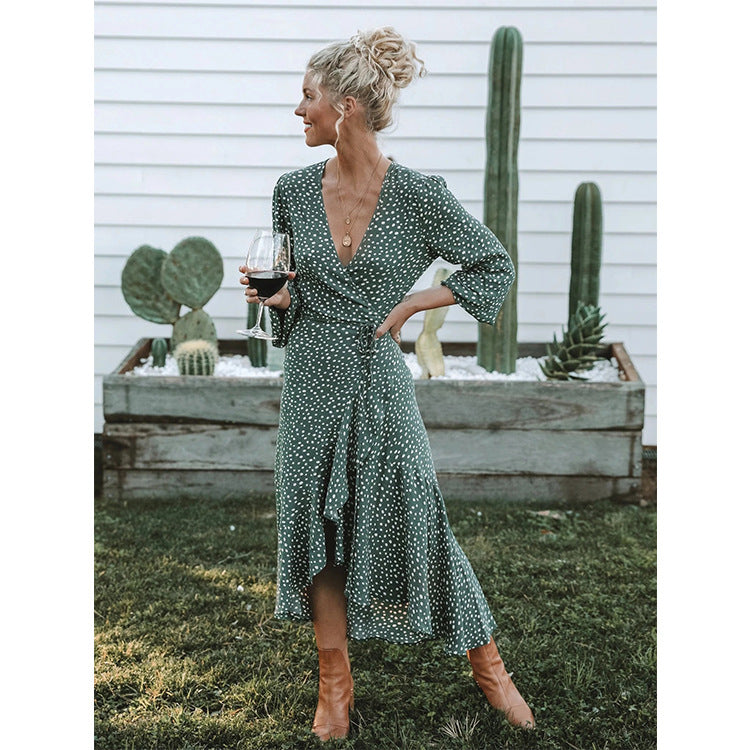 Damen Wickelkleid mit fließendem Rock und V-Ausschnitt R&B