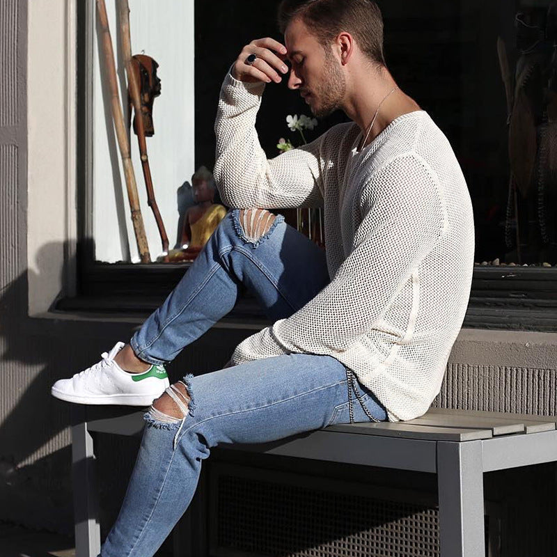 Herren langer Strickpullover mit strukturiertem Muster und lässigem Schnitt R&B