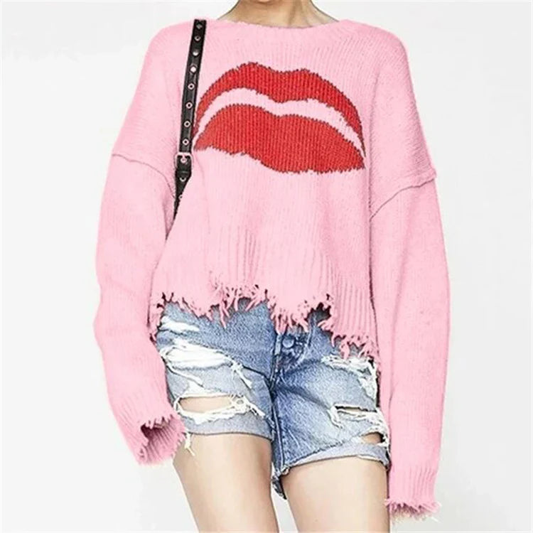 R&B | Sweatshirt Übergröße Passform Chunky Strick Lippenprint Fransen Saum