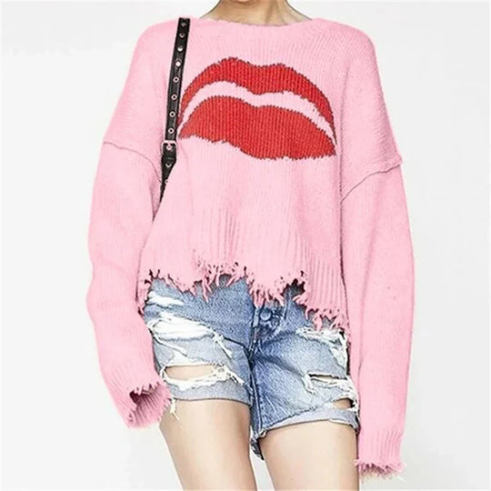 R&B | Sweatshirt Übergröße Passform Chunky Strick Lippenprint Fransen Saum