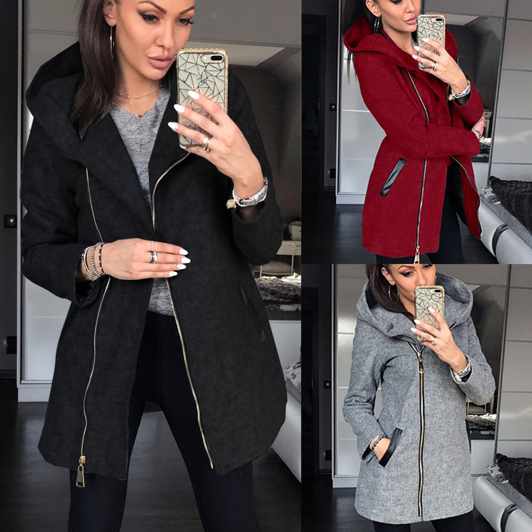 Damen modischer Kapuzenmantel mit asymmetrischem Reißverschluss und praktischen Taschen R&B