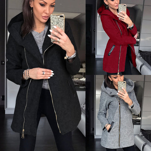 Damen modischer Kapuzenmantel mit asymmetrischem Reißverschluss und praktischen Taschen R&B