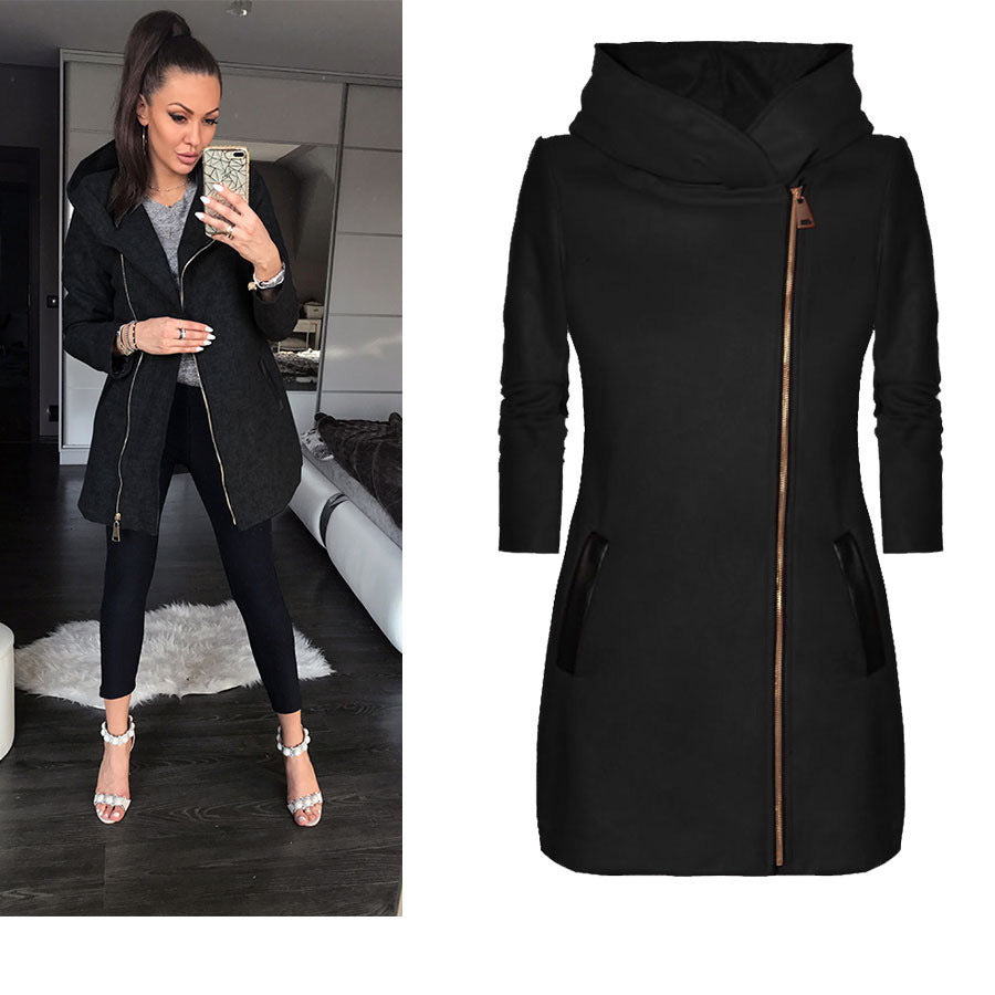 Damen modischer Kapuzenmantel mit asymmetrischem Reißverschluss und praktischen Taschen R&B