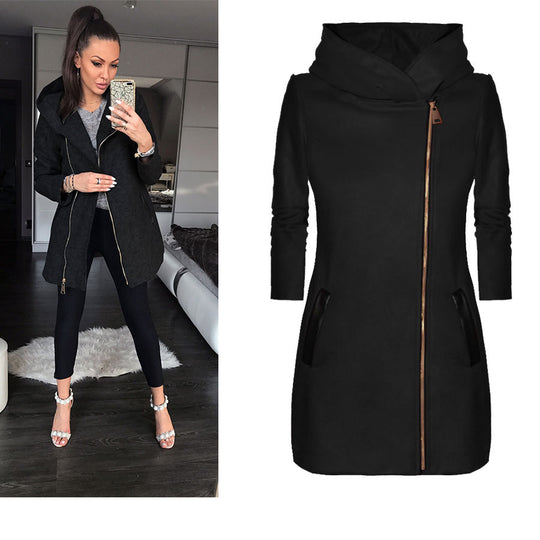 Damen modischer Kapuzenmantel mit asymmetrischem Reißverschluss und praktischen Taschen R&B