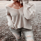 Damen lässiger V-Pullover mit offenen Schultern und lockerem Schnitt R&B