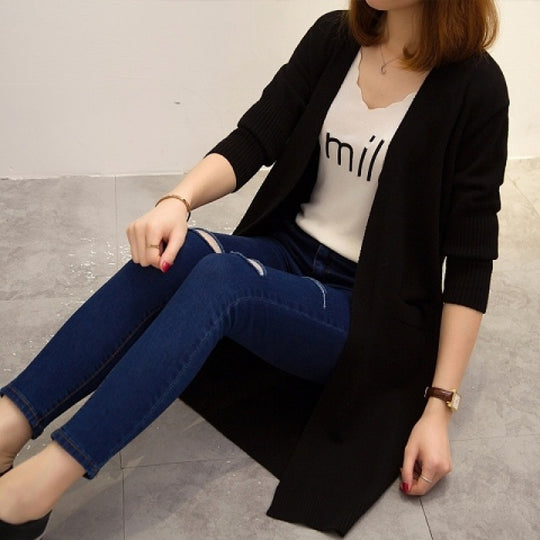 Damen Langer Strickcardigan mit offenen Vorderteilen und tiefen Taschen R&B