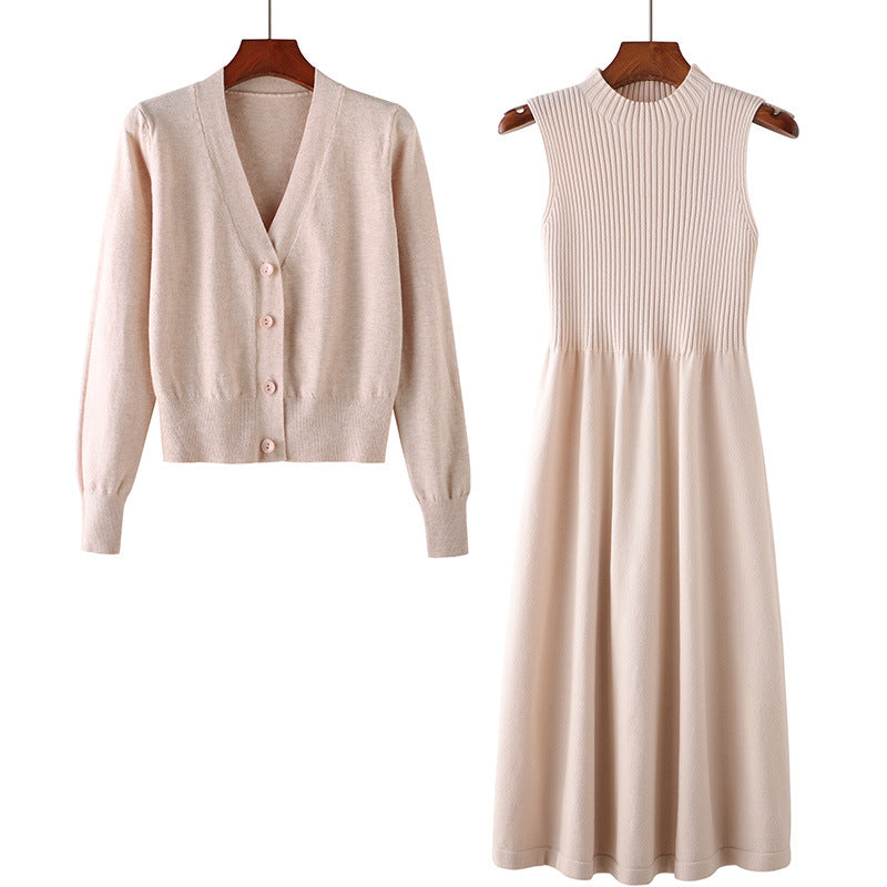 Damen Elegantes Strickkleid- und Cardigan-Set mit V-Ausschnitt und Rippstruktur