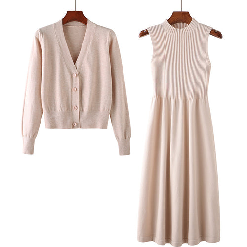 Damen Elegantes Strickkleid- und Cardigan-Set mit V-Ausschnitt und Rippstruktur R&B