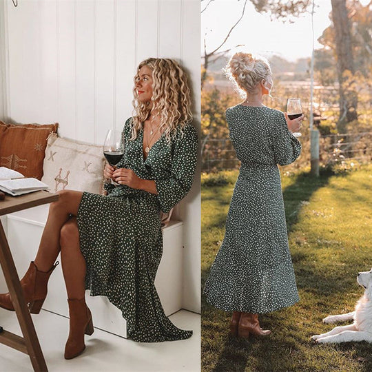 Damen Wickelkleid mit fließendem Rock und V-Ausschnitt R&B