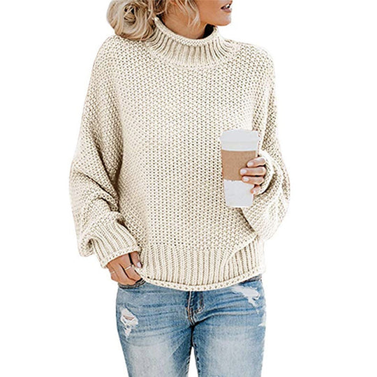 Damen Grobstrickpullover mit hohem Kragen und weit geschnittenen Ärmeln R&B