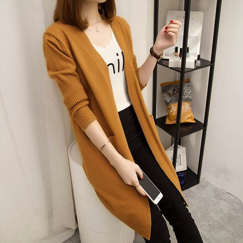 Damen Langer Strickcardigan mit offenen Vorderteilen und tiefen Taschen R&B