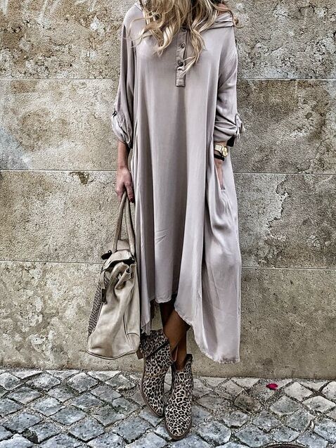 Damen komfortables Langarmkleid mit Knopfleiste und Seitentaschen R&B