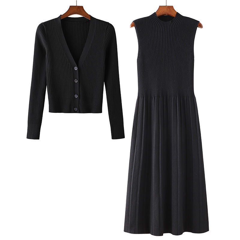 Damen Elegantes Strickkleid- und Cardigan-Set mit V-Ausschnitt und Rippstruktur R&B