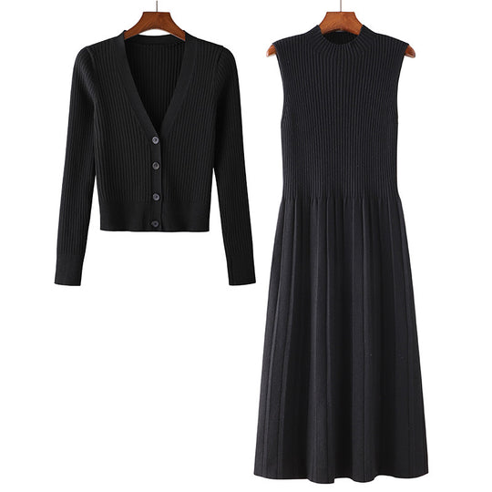 Damen Elegantes Strickkleid- und Cardigan-Set mit V-Ausschnitt und Rippstruktur R&B