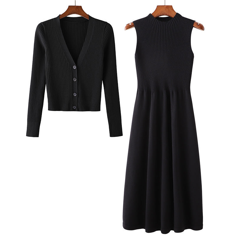 Damen Elegantes Strickkleid- und Cardigan-Set mit V-Ausschnitt und Rippstruktur R&B