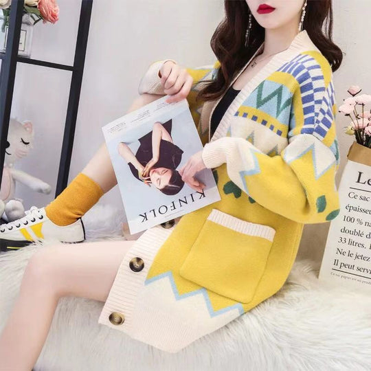 Damen Großer, gemusterter Strickcardigan mit Taschen und Knopfleiste R&B