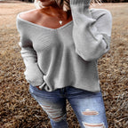 Damen lässiger V-Pullover mit offenen Schultern und lockerem Schnitt R&B