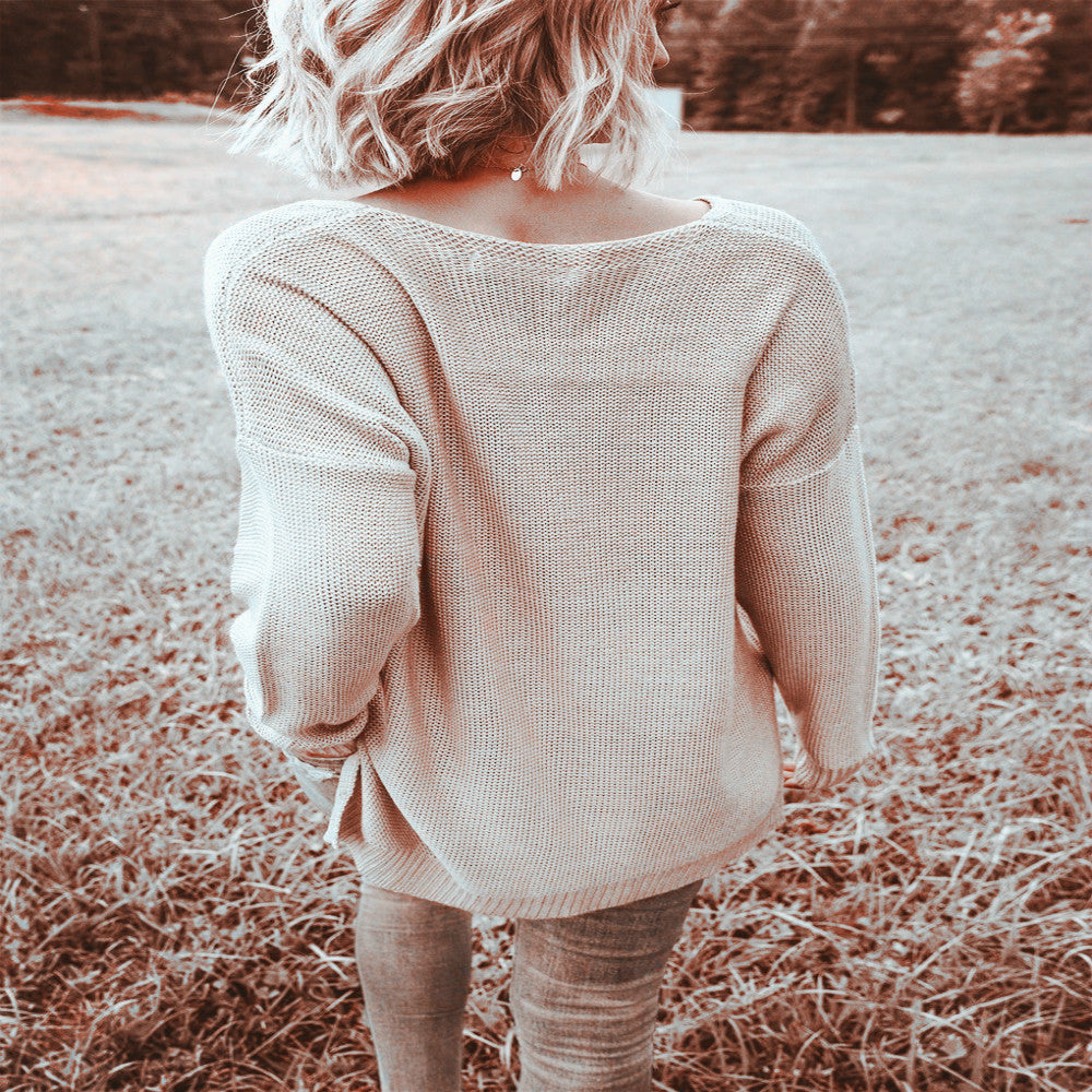 Damen lässiger V-Pullover mit offenen Schultern und lockerem Schnitt R&B