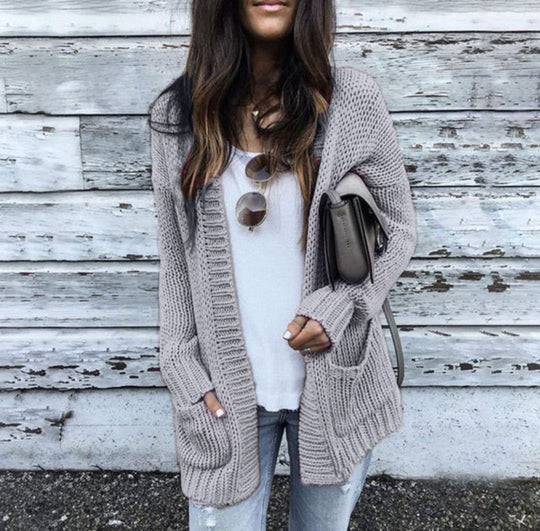 Damen Grobstrick-Cardigan mit tiefen Taschen und weit geschnittenen Ärmeln R&B
