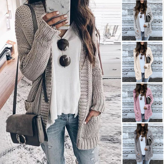 Damen Grobstrick-Cardigan mit tiefen Taschen und weit geschnittenen Ärmeln R&B