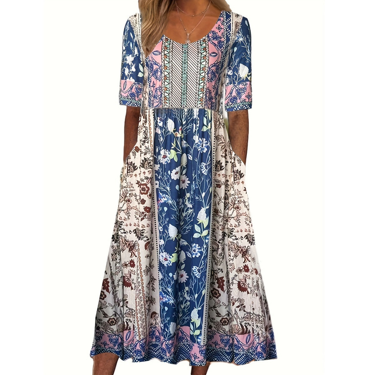 R&B | Rundhalsausschnitt Kurzarm Bohemian Print Kleid Frauen