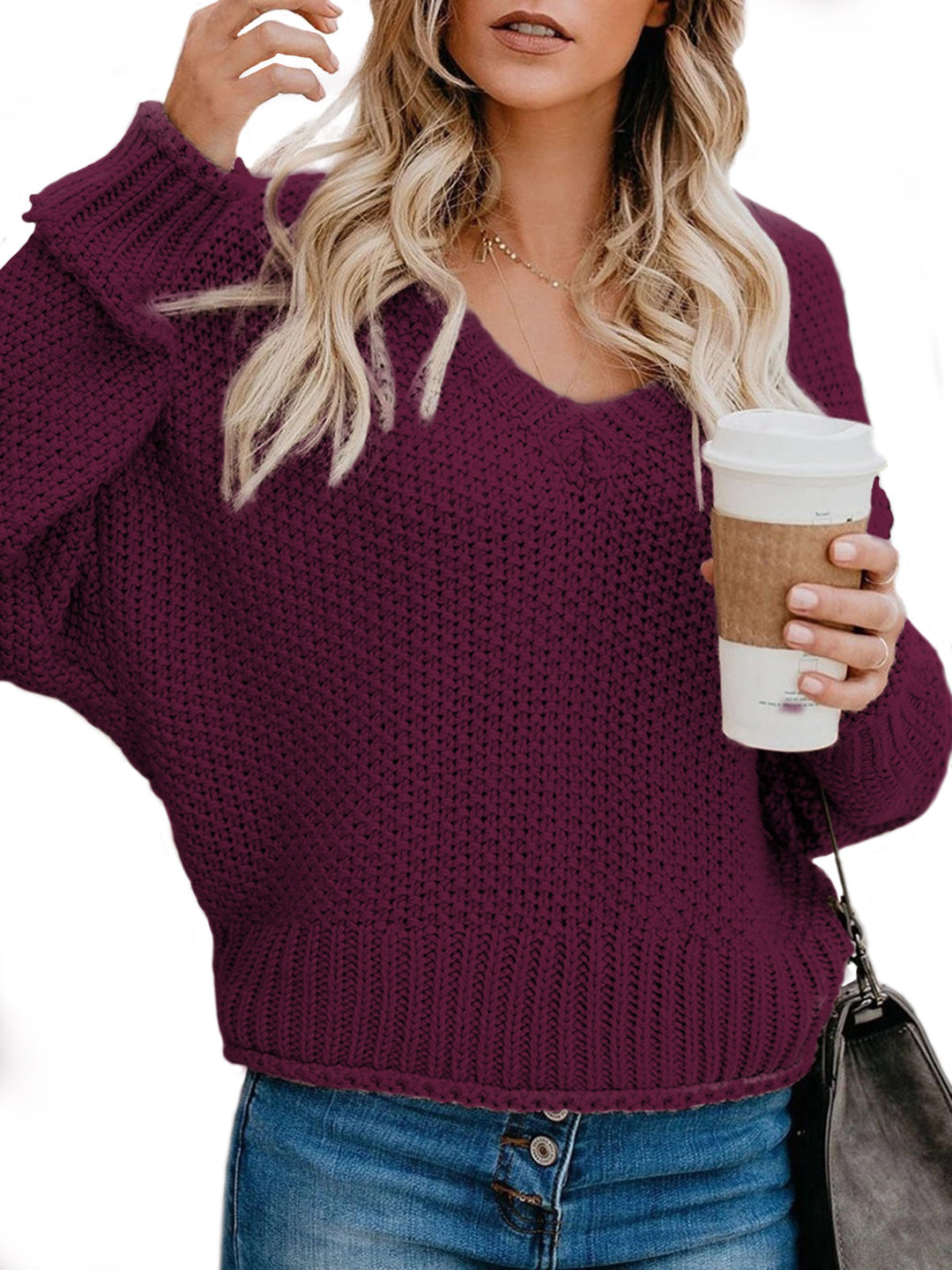 Damen lässiger Strickpullover mit V-Ausschnitt und weitem Schnitt R&B