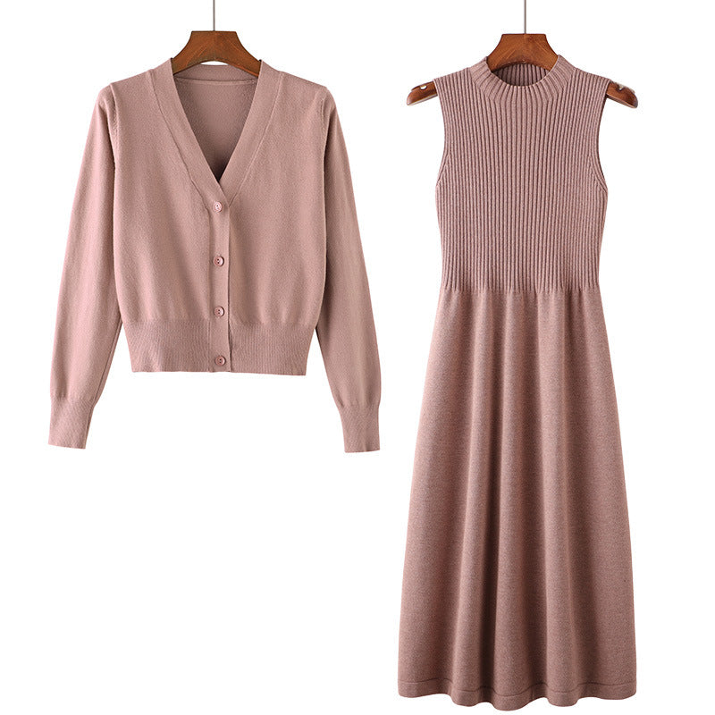 Damen Elegantes Strickkleid- und Cardigan-Set mit V-Ausschnitt und Rippstruktur