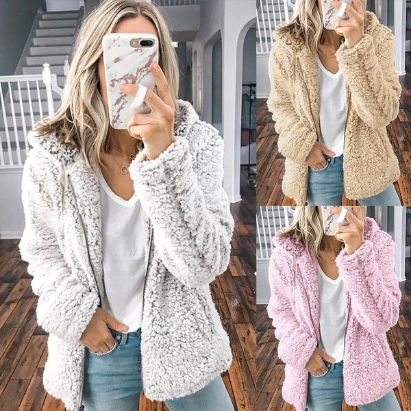 Damen nan kuschelige Teddy-Fleece Übergangsjacke mit Kapuze und Reißverschluss R&B