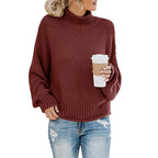 Damen Grobstrickpullover mit hohem Kragen und weit geschnittenen Ärmeln R&B