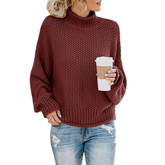 Damen Grobstrickpullover mit hohem Kragen und weit geschnittenen Ärmeln R&B