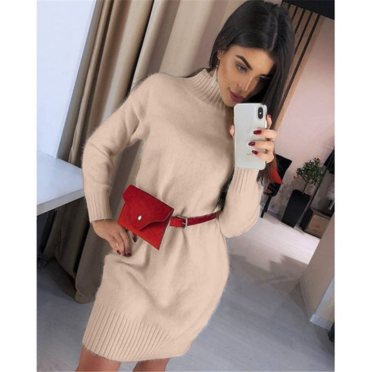 Damen Strickkleid mit hohem Kragen und Rippstruktur R&B